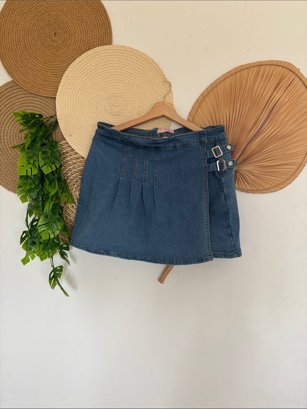 Classic Dark Blue Denim Mini Skirt with Side Buckles